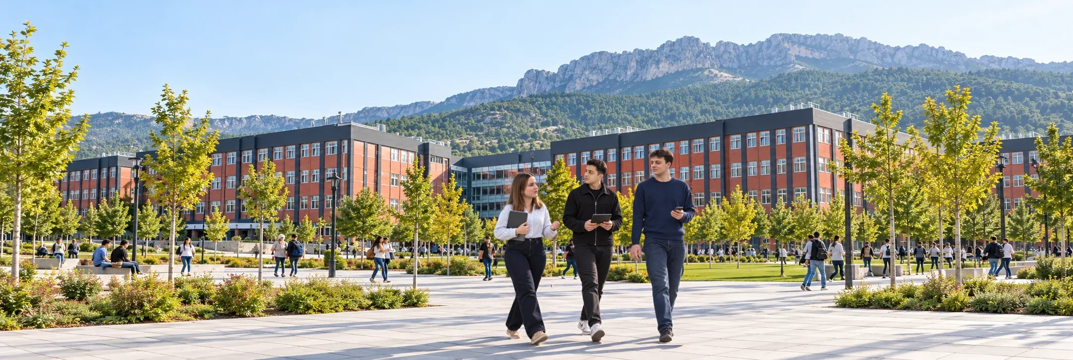 Manisa Celal Bayar Üniversitesi yerleşkesinde, arkada Spil Dağı ile yürüyen üç kişi