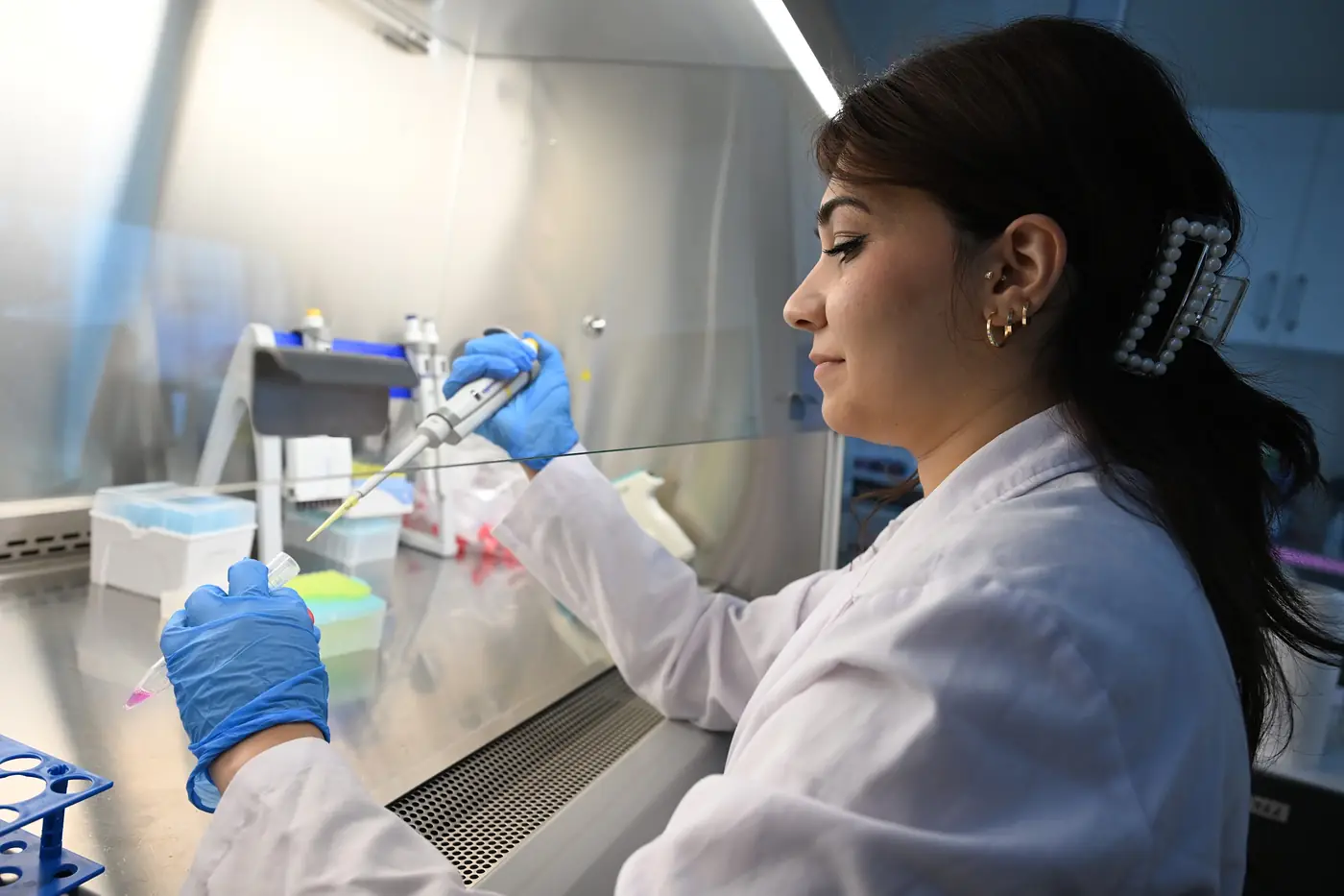 MCBÜ laboratuvarında güvenlik kabininde pipetle numune hazırlayan bir araştırmacı
